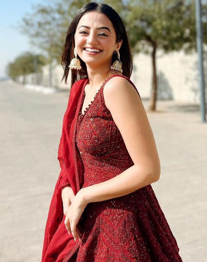 Maroon georgette embroidered wedding lehenga suit