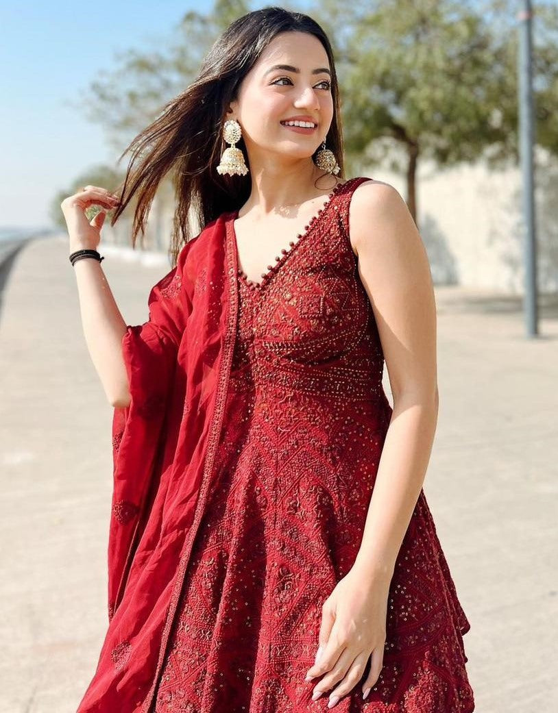 Maroon georgette embroidered wedding lehenga suit