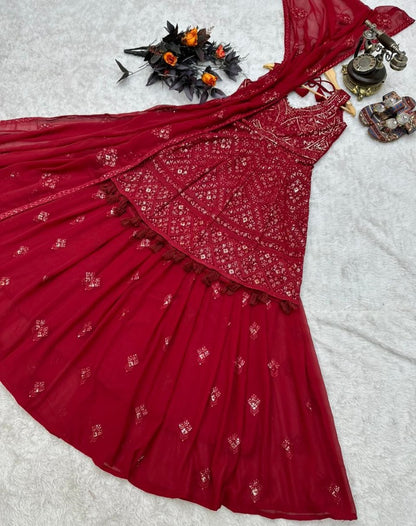Maroon georgette embroidered wedding lehenga suit