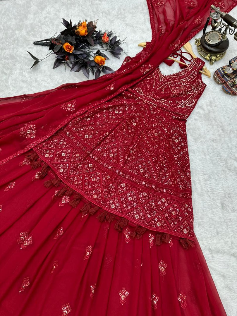 Maroon georgette embroidered wedding lehenga suit