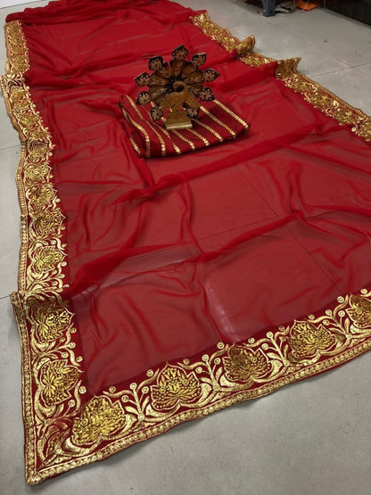 Maroon georgette embroidered wedding saree