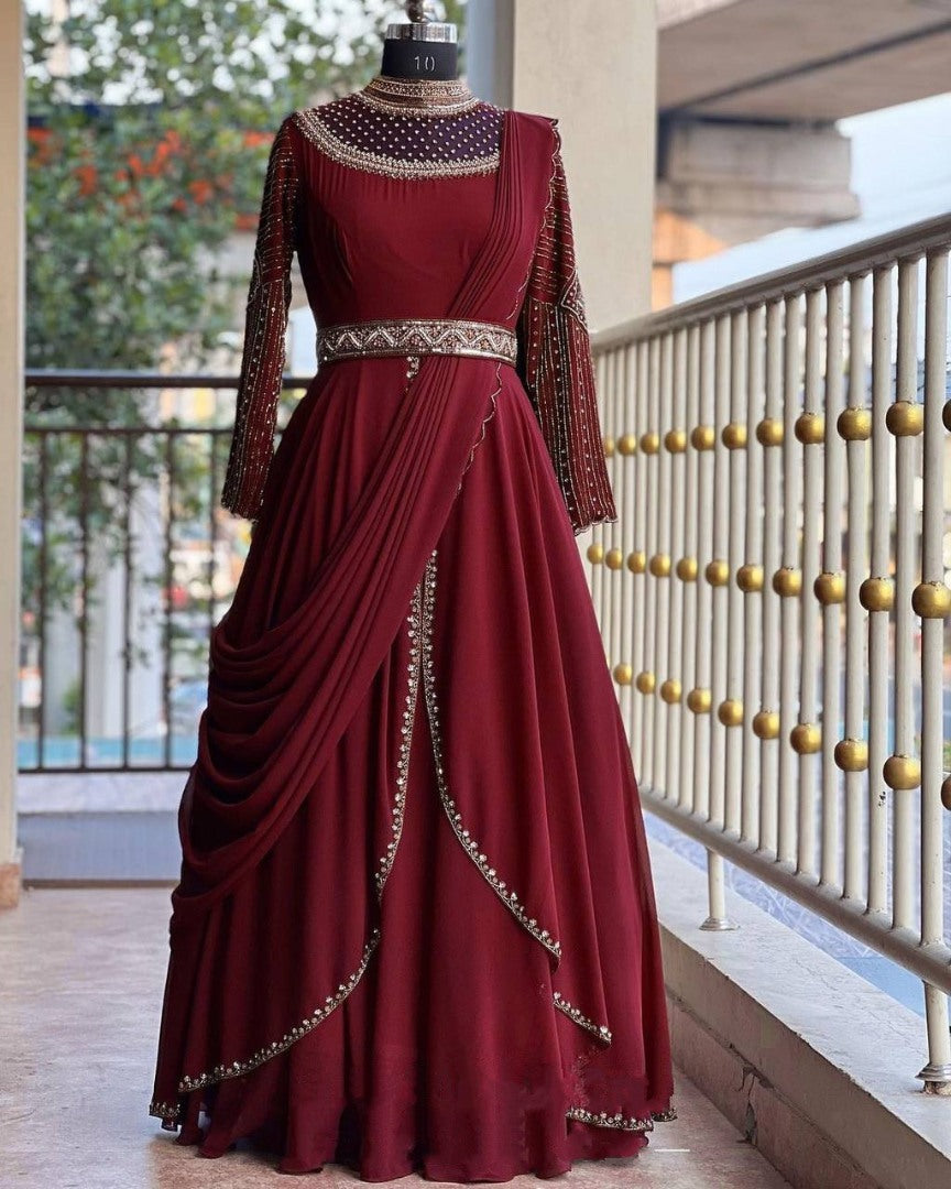 Maroon georgette embroidery work indowestern party wear gown