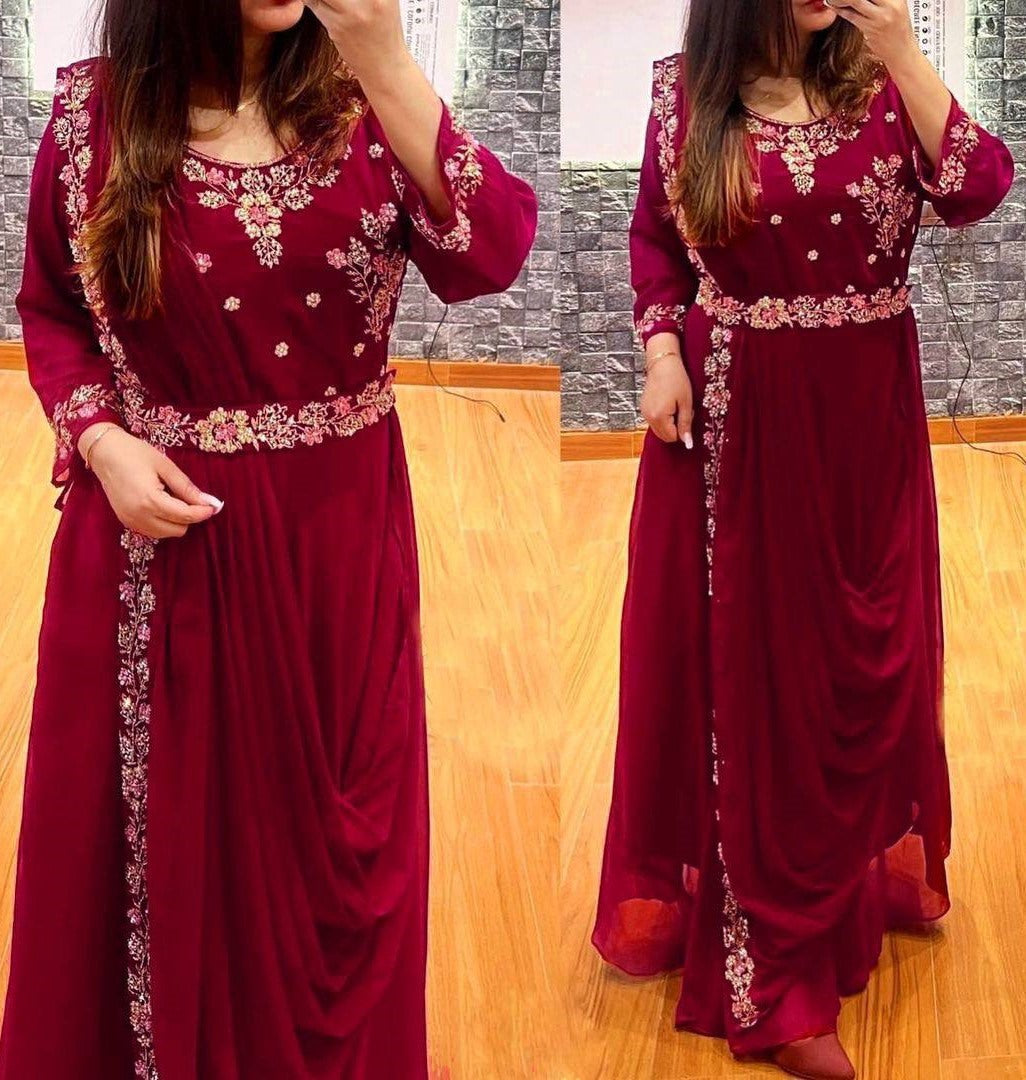Maroon georgette embroidery work party wear gown