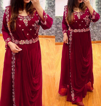 Maroon georgette embroidery work party wear gown