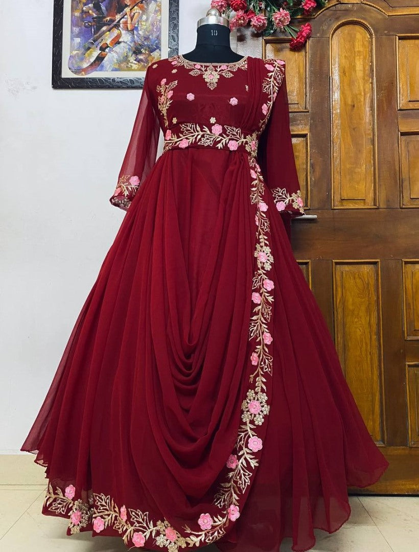 Maroon georgette embroidery work party wear gown