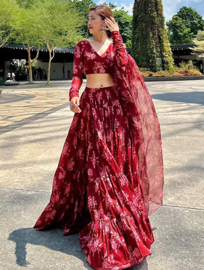 Maroon georgette floral printed lehenga choli for ceremony