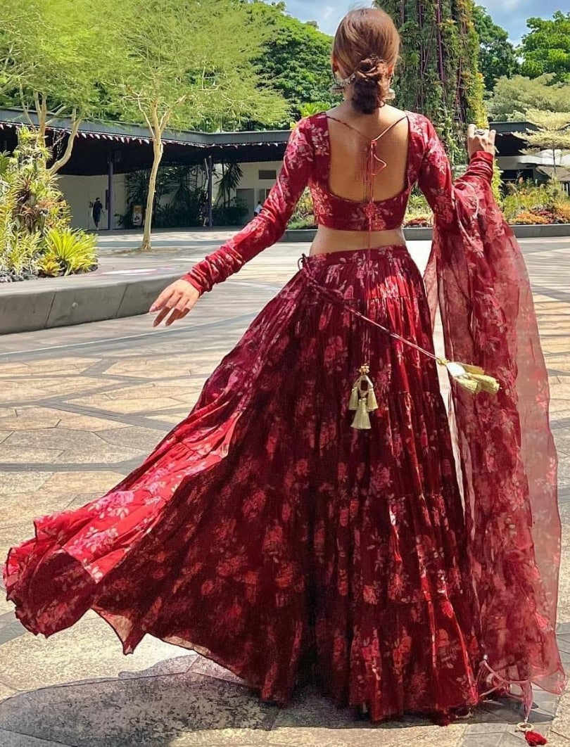 Maroon georgette floral printed lehenga choli for ceremony