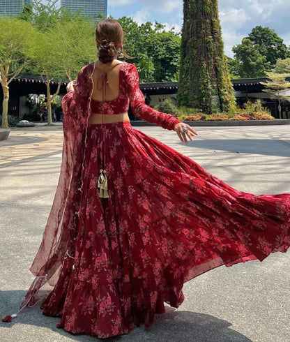 Maroon georgette floral printed lehenga choli for ceremony