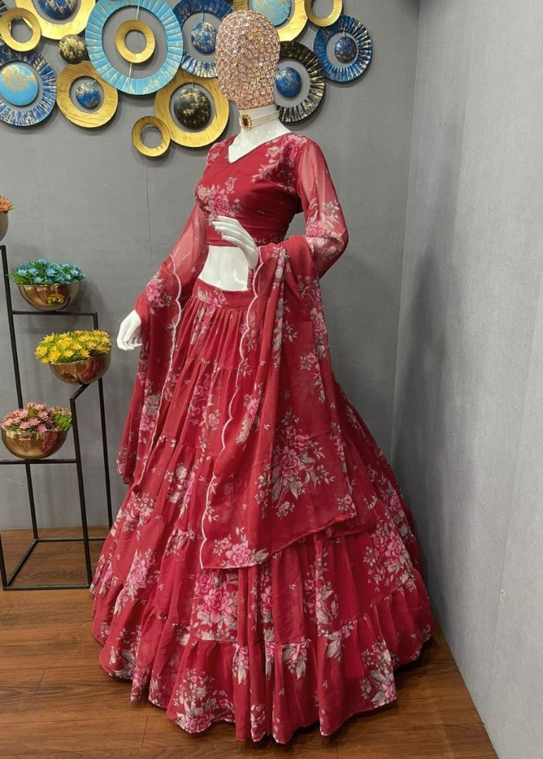 Maroon georgette floral printed lehenga choli for ceremony