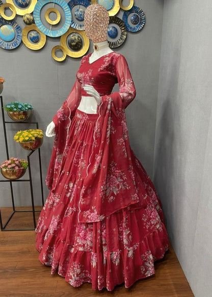 Maroon georgette floral printed lehenga choli for ceremony