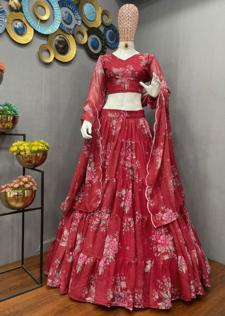 Maroon georgette floral printed lehenga choli for ceremony