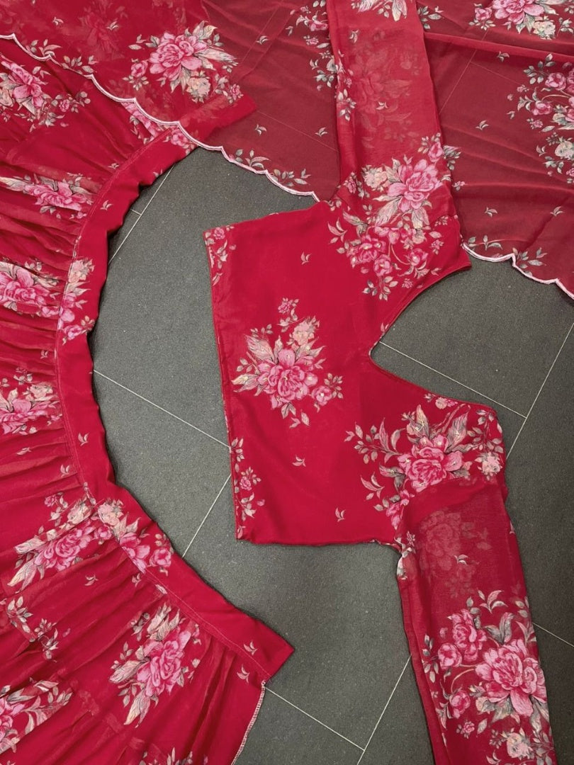 Maroon georgette floral printed lehenga choli for ceremony