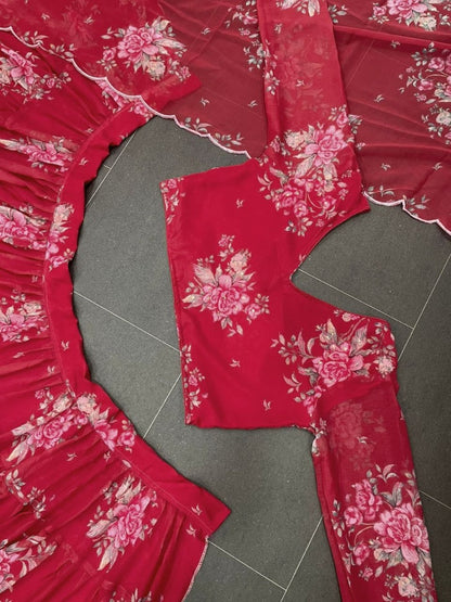 Maroon georgette floral printed lehenga choli for ceremony