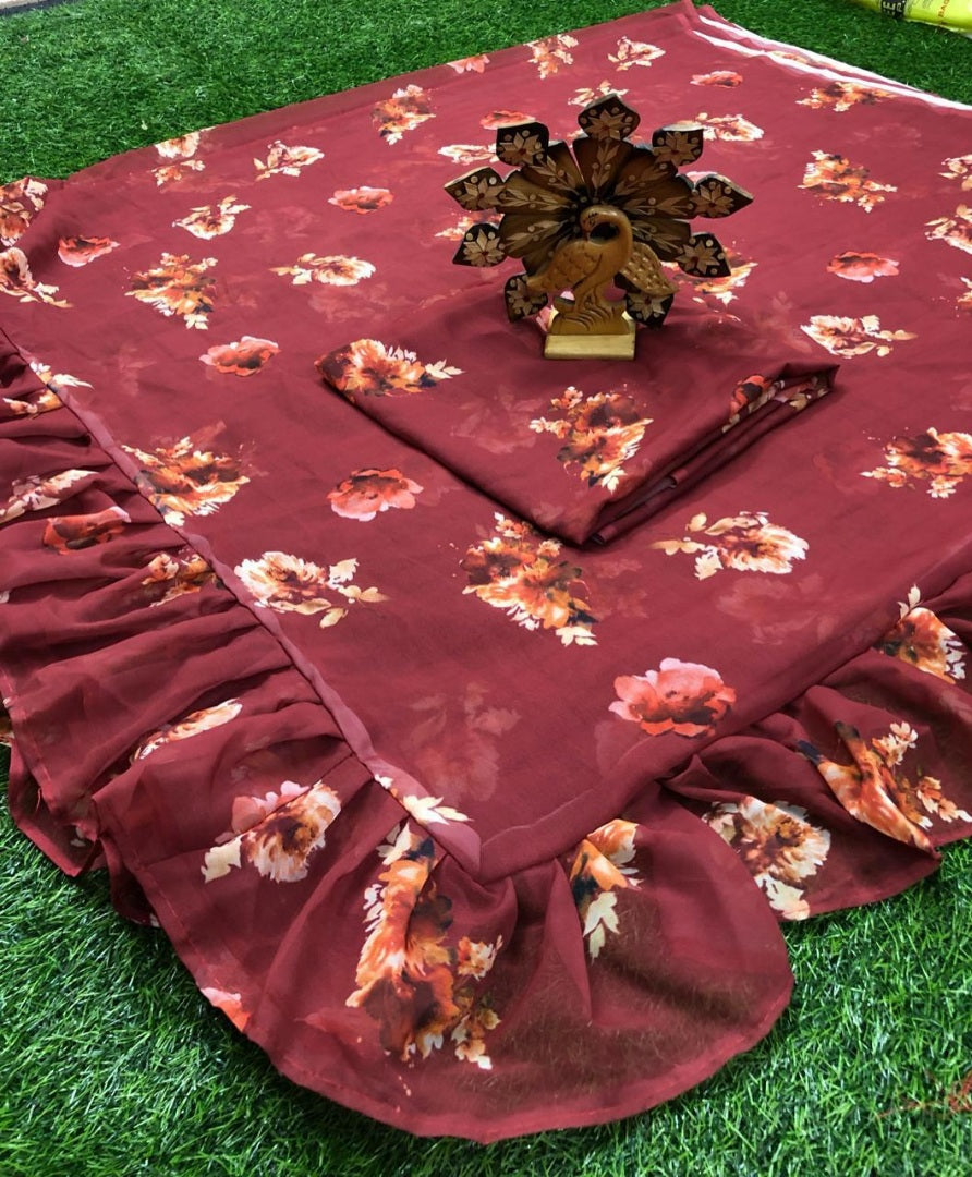 Maroon georgette floral printed partywear saree
