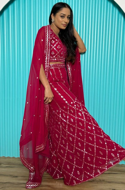 Maroon georgette foil mirror work heavy palazzo suit