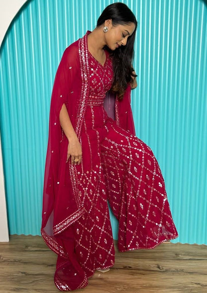 Maroon georgette foil mirror work heavy palazzo suit