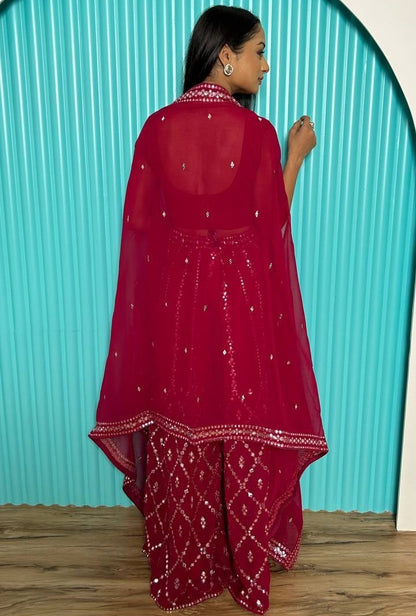 Maroon georgette foil mirror work heavy palazzo suit