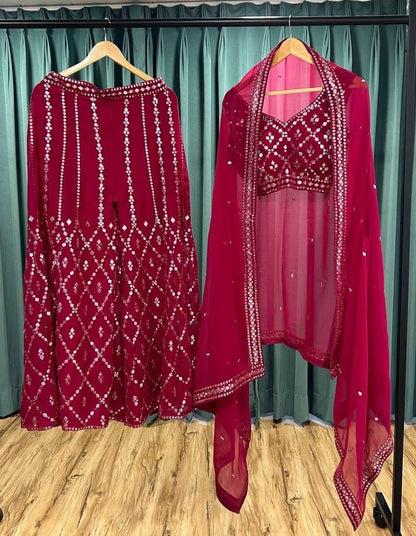 Maroon georgette foil mirror work heavy palazzo suit