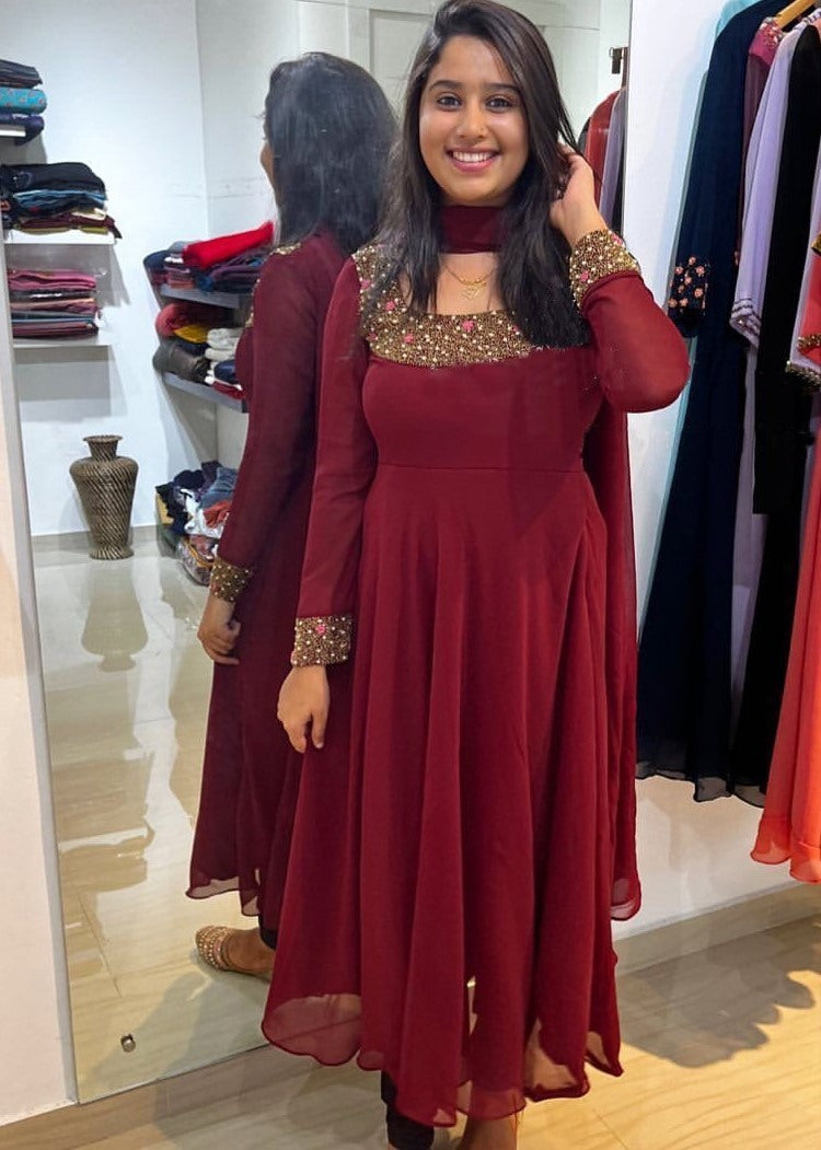 Maroon georgette handwork anarkali gown
