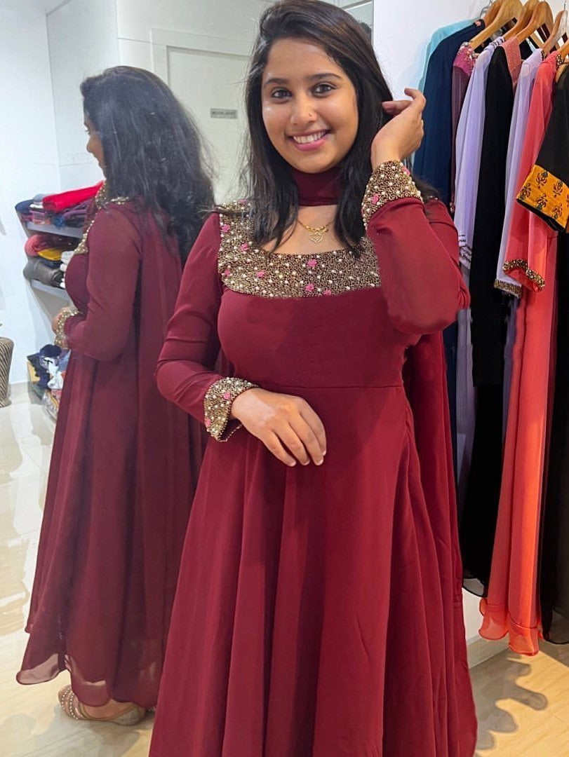 Maroon georgette handwork anarkali gown