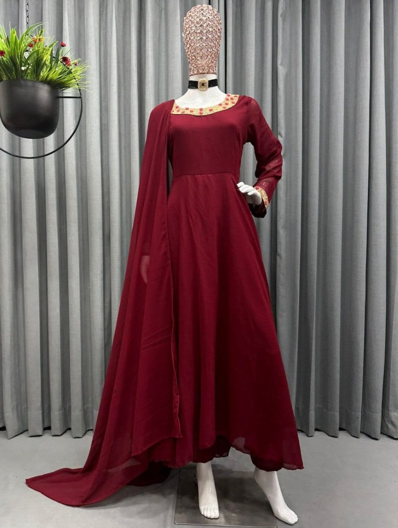 Maroon georgette handwork anarkali gown