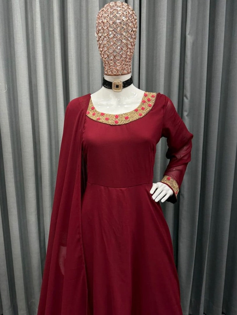 Maroon georgette handwork anarkali gown