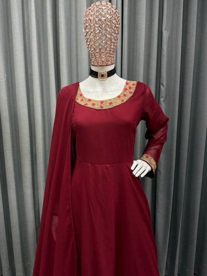 Maroon georgette handwork anarkali gown