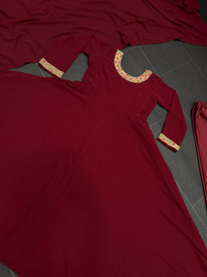 Maroon georgette handwork anarkali gown