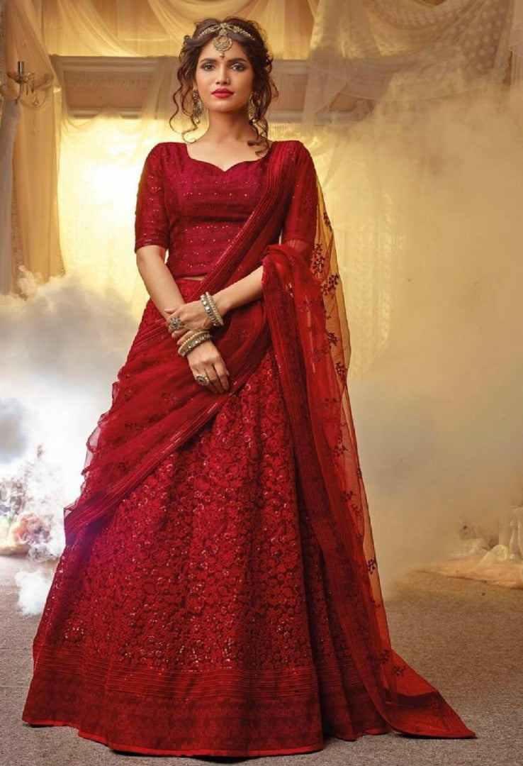 maroon georgette heavy embroidered and stone work wedding lehenga choli