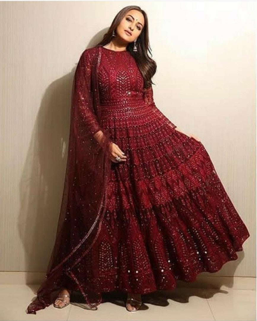 Maroon georgette heavy embroidered wedding anarkali suit