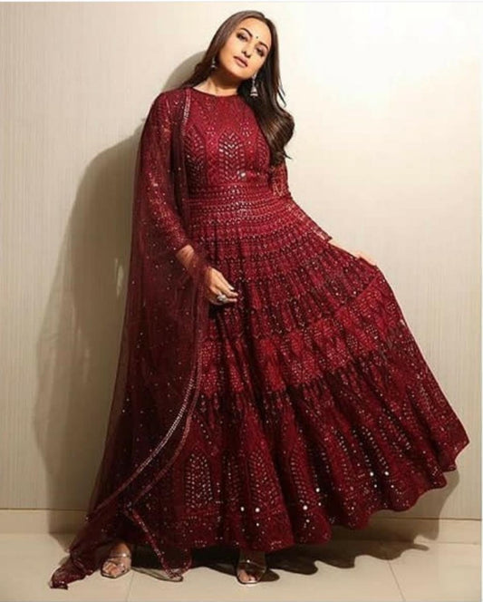 Maroon georgette heavy embroidered wedding anarkali suit