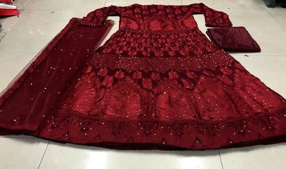 Maroon georgette heavy embroidered wedding anarkali suit