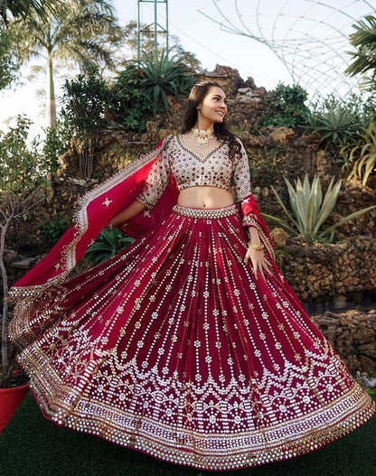 Maroon georgette heavy embroidered wedding lehenga choli