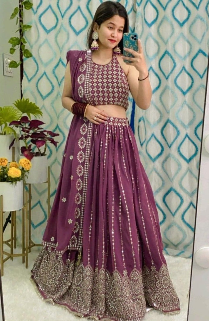 Maroon georgette heavy sequence embroidered wedding lehenga choli