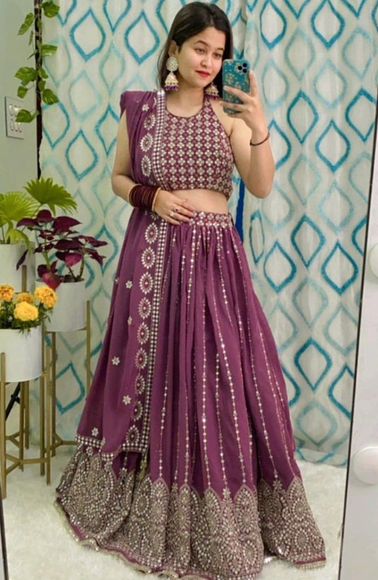 Maroon georgette heavy sequence embroidered wedding lehenga choli
