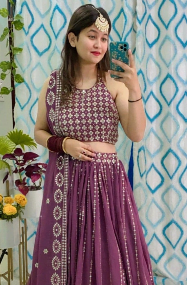 Maroon georgette heavy sequence embroidered wedding lehenga choli