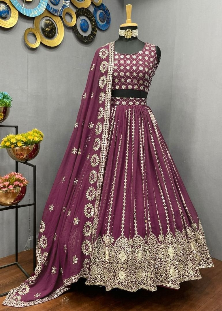 Maroon georgette heavy sequence embroidered wedding lehenga choli