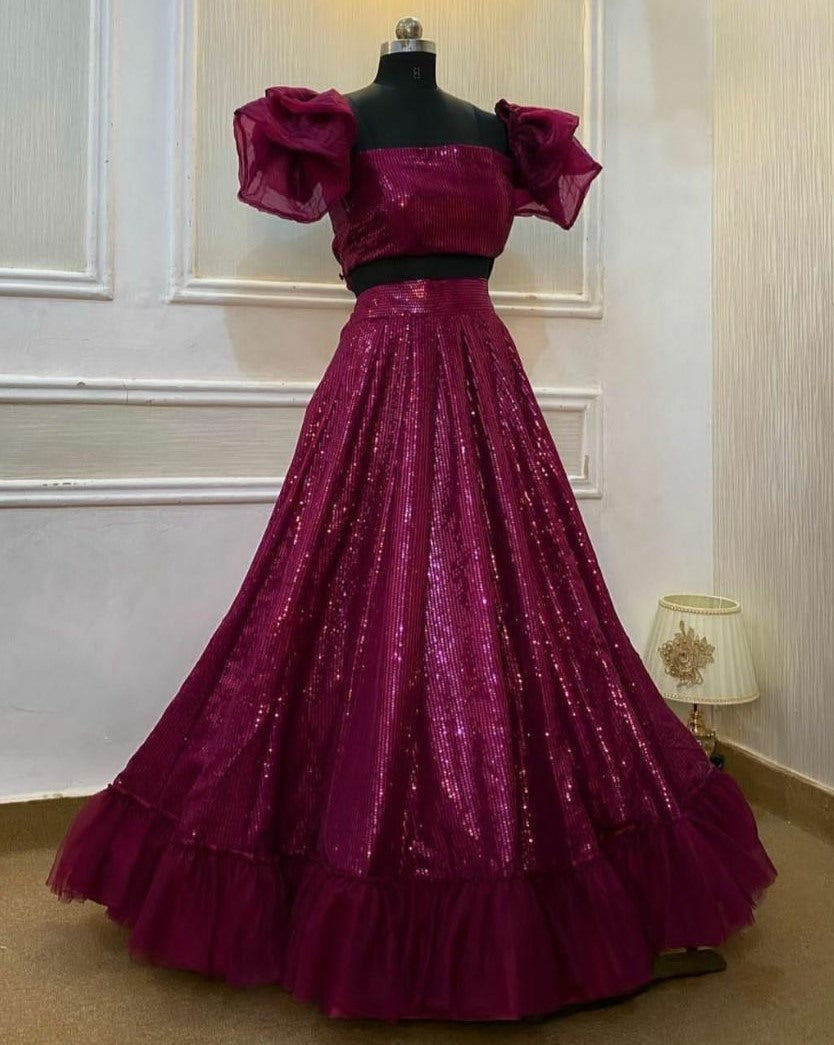 Maroon georgette heavy sequence work party wear crop top lehenga