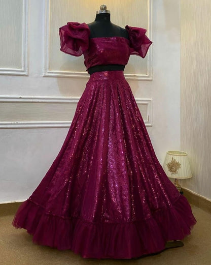 Maroon georgette heavy sequence work party wear crop top lehenga