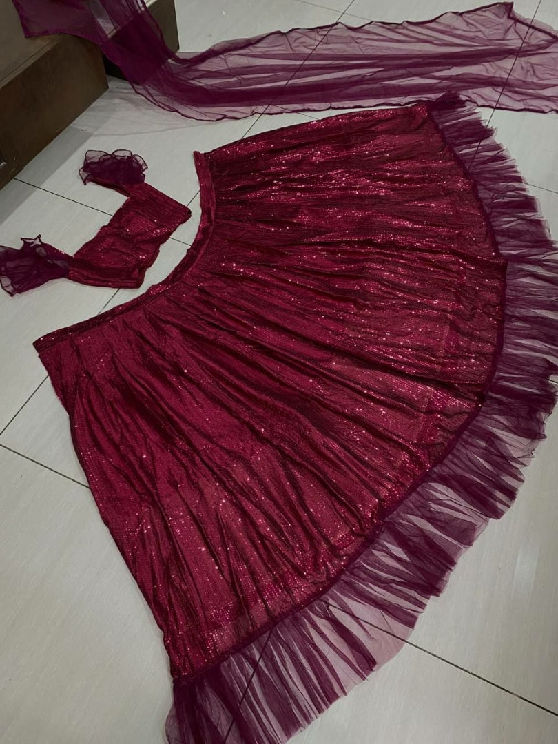 Maroon georgette heavy sequence work party wear crop top lehenga