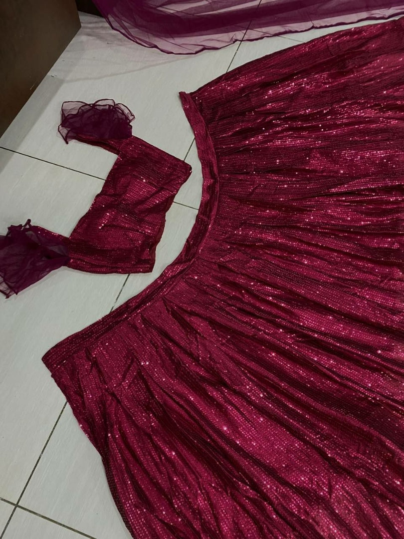 Maroon georgette heavy sequence work party wear crop top lehenga