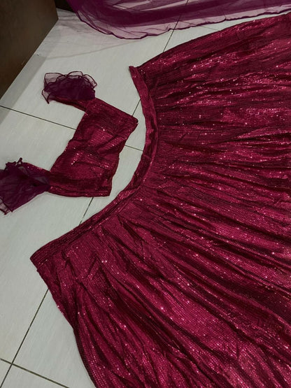 Maroon georgette heavy sequence work party wear crop top lehenga