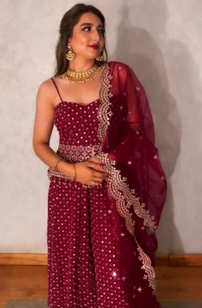Maroon georgette heavy sequence work plazzo suit