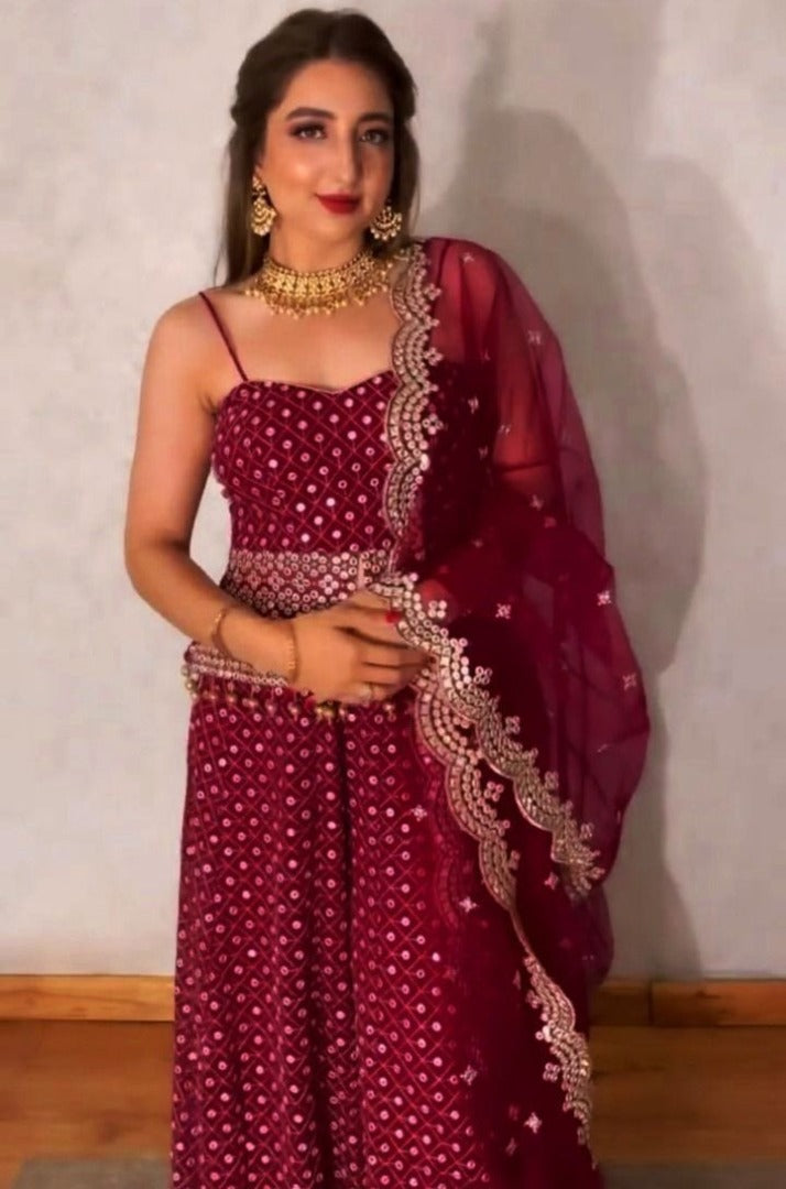 Maroon georgette heavy sequence work plazzo suit
