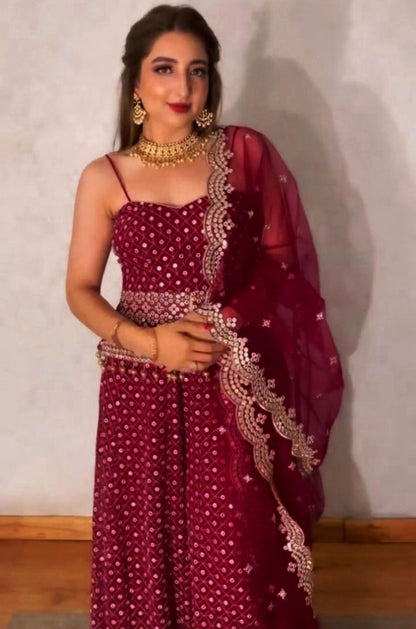 Maroon georgette heavy sequence work plazzo suit