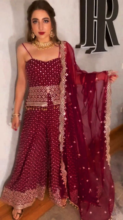 Maroon georgette heavy sequence work plazzo suit