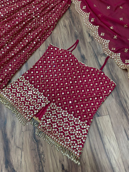 Maroon georgette heavy sequence work plazzo suit