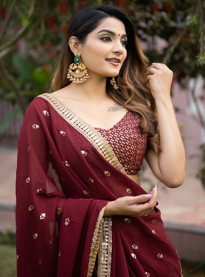 Maroon georgette heavy sequins embroidery work wedding lehenga choli
