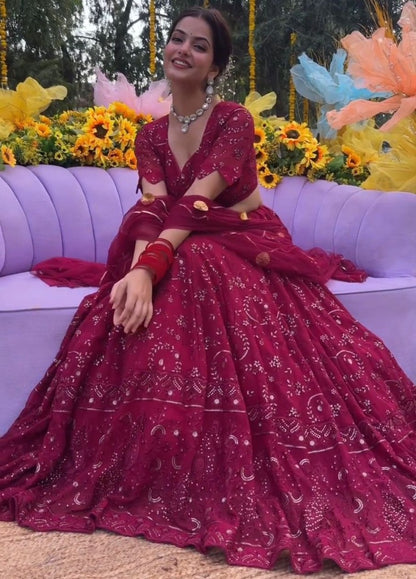 Maroon georgette heavy thread sequence work wedding lehenga choli