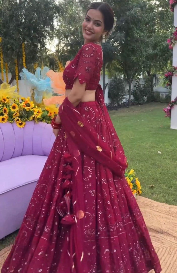 Maroon georgette heavy thread sequence work wedding lehenga choli